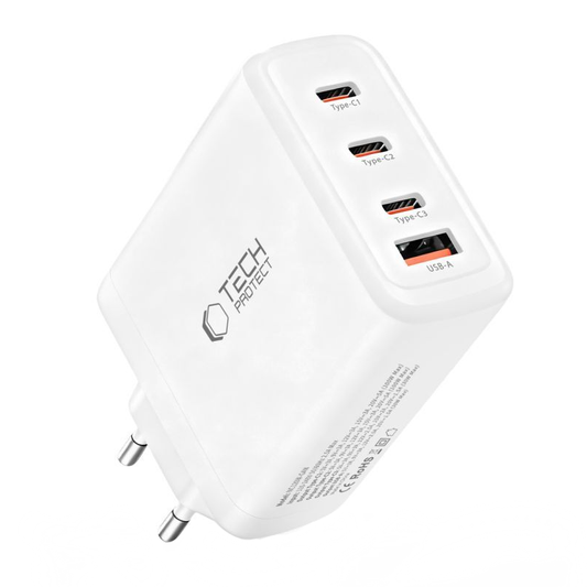 Φορτιστής Δικτύου Tech-Protect NC120W-GAN, 120W, 5A, 1 x USB-A - 3 x USB-C, Λευκό