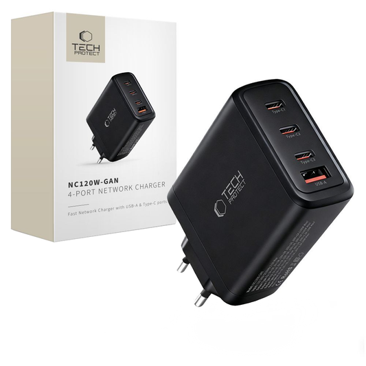 Φορτιστής Δικτύου Tech-Protect NC120W-GAN, 120W, 5A, 1 x USB-A - 3 x USB-C, Μαύρο