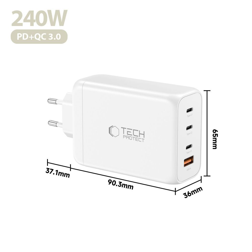 Φορτιστής Δικτύου Tech-Protect NC240W-GAN, 240W, 5A, 1 x USB-A - 3 x USB-C, Λευκό