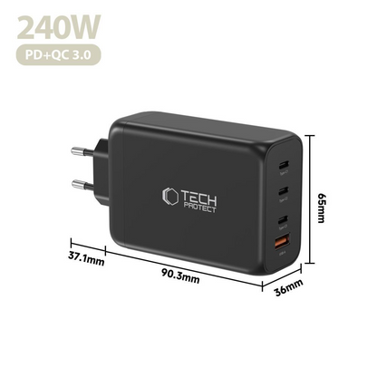 Tech-Protect NC240W-GAN Network Charger, 240W, 5A, 1 x USB-A - 3 x USB-C, Black