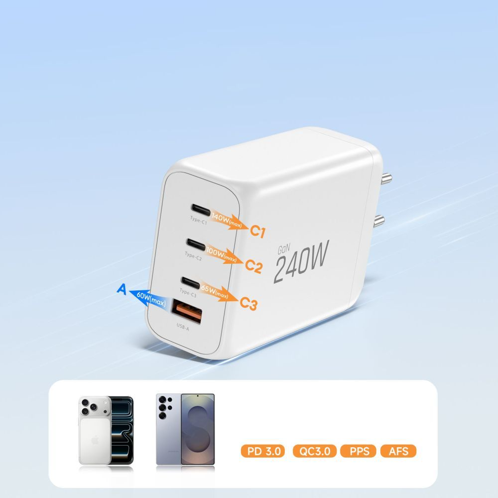 Φορτιστής Δικτύου Tech-Protect NC240W-GAN, 240W, 5A, 1 x USB-A - 3 x USB-C, Λευκό