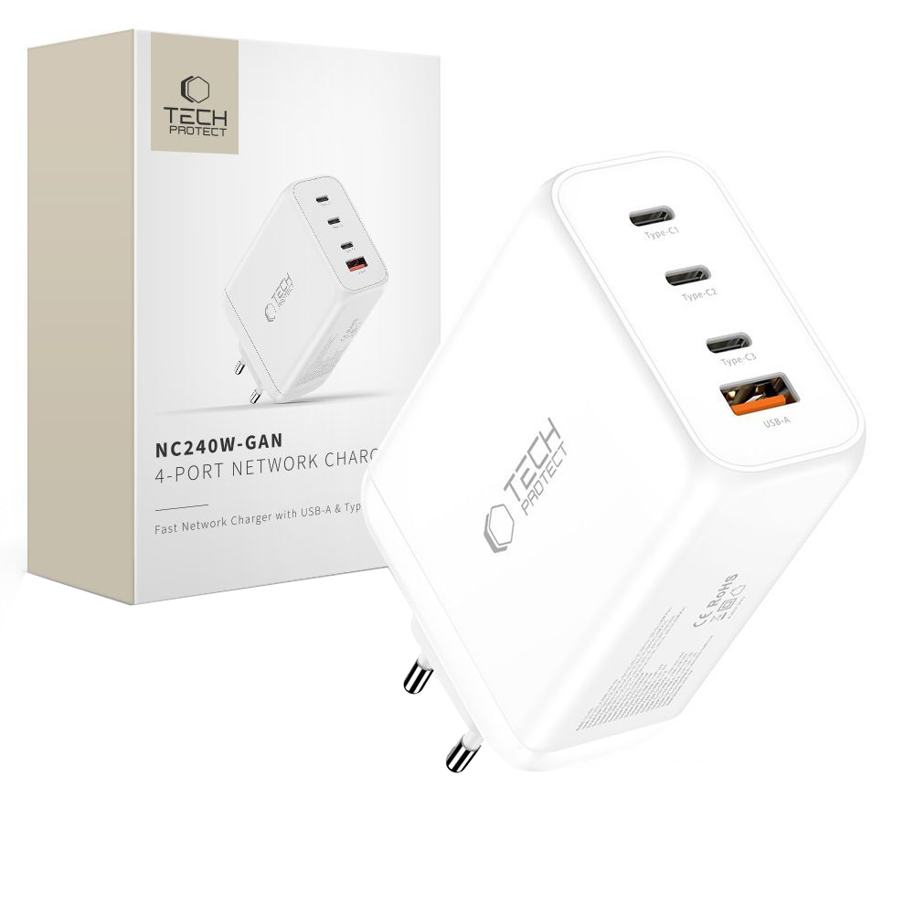 Φορτιστής Δικτύου Tech-Protect NC240W-GAN, 240W, 5A, 1 x USB-A - 3 x USB-C, Λευκό