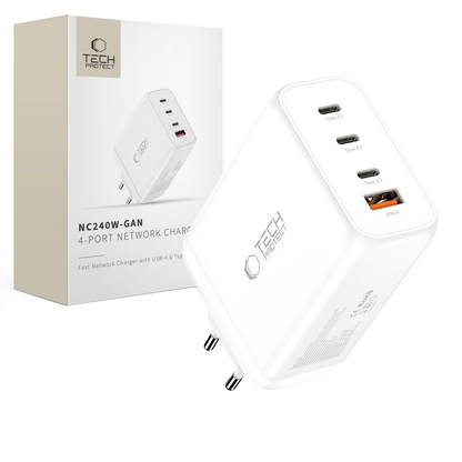 Φορτιστής Δικτύου Tech-Protect NC240W-GAN, 240W, 5A, 1 x USB-A - 3 x USB-C, Λευκό