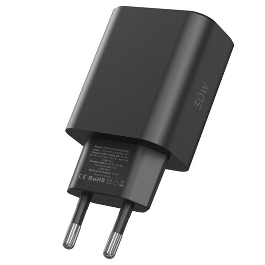 Φορτιστής δικτύου Tech-Protect NC30W, 30W, 3A, 1 x USB-A - 2 x USB-C, Μαύρο 