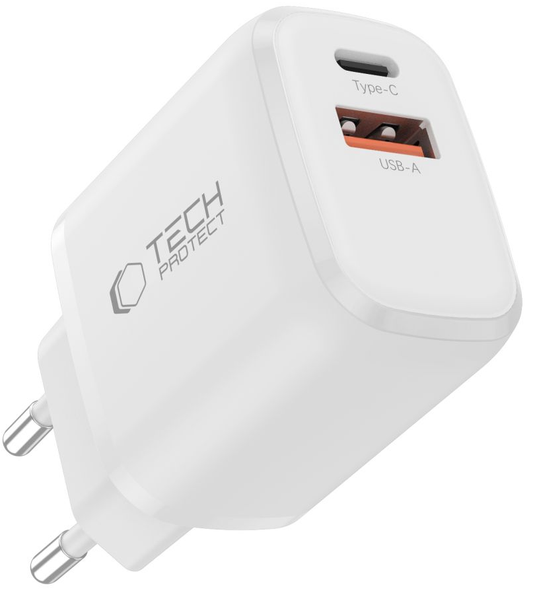 Φορτιστής Δικτύου Tech-Protect NCA45W, 45W, 3A, 1 x USB-A - 1 x USB-C, Λευκό