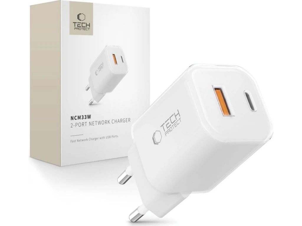 Φορτιστής Δικτύου Tech-Protect NCM33W, 33W, 3A, 1 x USB-A - 1 x USB-C, Λευκό