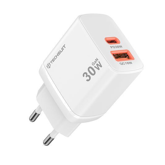 Φορτιστής Δικτύου Techsuit CH1 Duonix, 30W, 3A, 1 x USB-A - 1 x USB-C, Λευκό