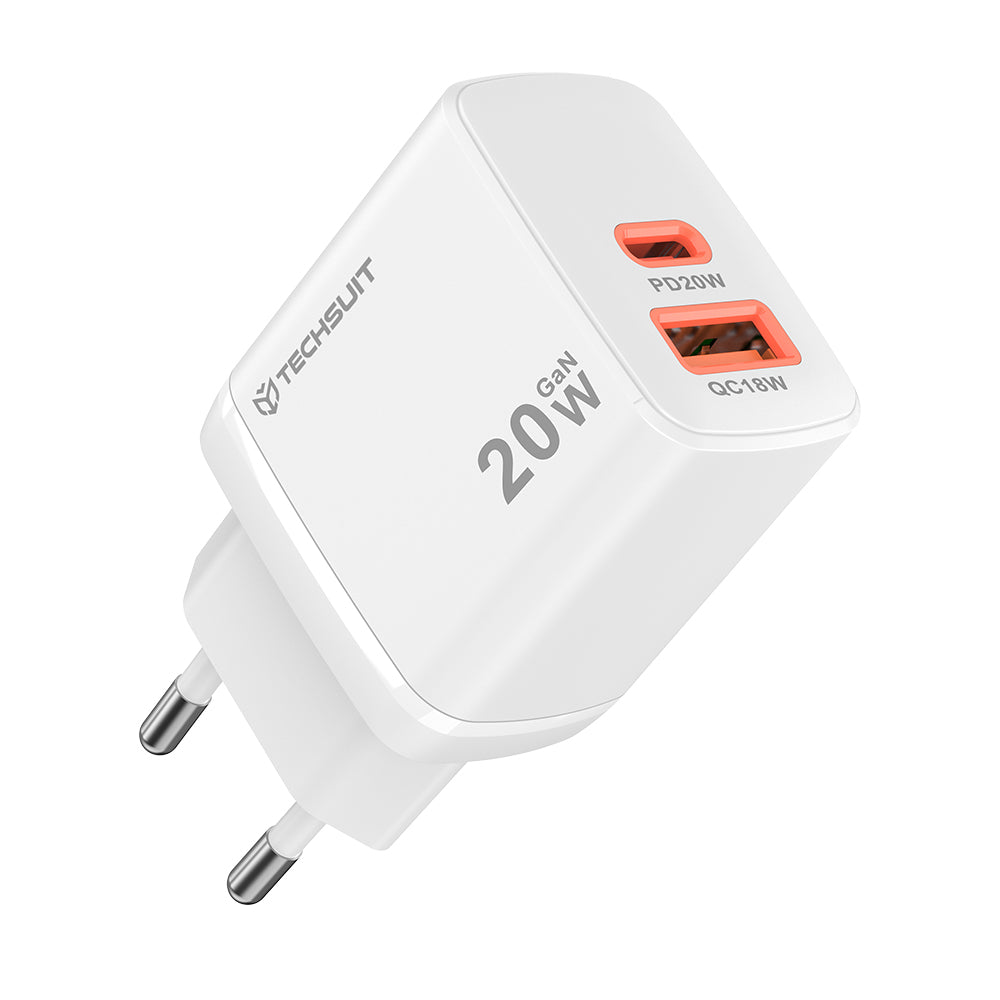 Φορτιστής Δικτύου Techsuit CH2 Duonix, 20W, 3A, 1 x USB-A - 1 x USB-C, Λευκό
