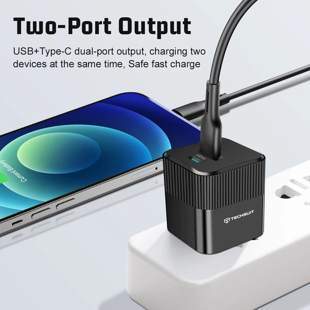 Techsuit CHPD216 Tiny Network Charger, 25W, 3A, 1 x USB-A - 1 x USB-C, Black