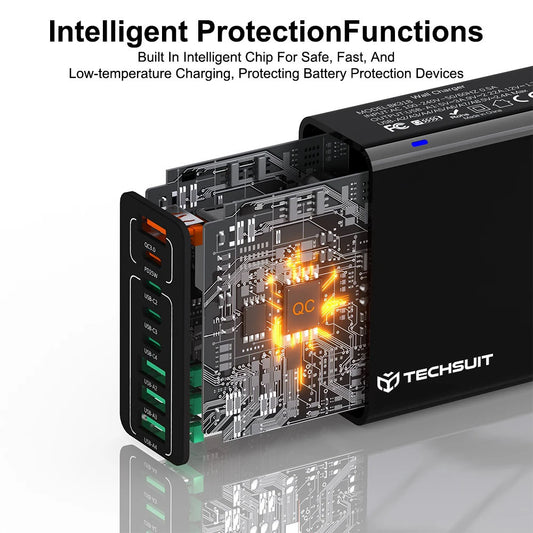 Φορτιστής Δικτύου Techsuit CHPD224, 65W, 3.25A, 4 x USB-A - 4 x USB-C, Μαύρο