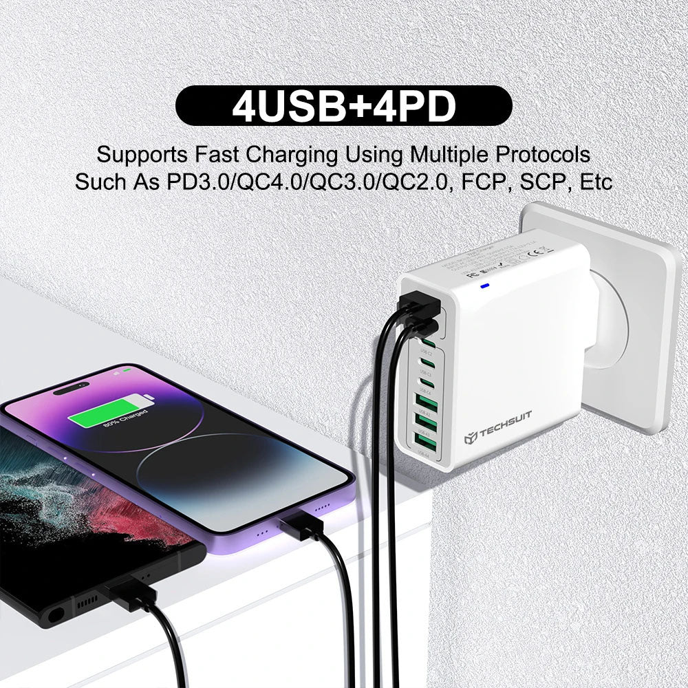 Φορτιστής Δικτύου Techsuit CHPD224, 65W, 3.25A, 4 x USB-A - 4 x USB-C, Μαύρο