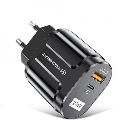 Φορτιστής Δικτύου Techsuit Premium, 20W, 3A, 1 x USB-A - 1 x USB-C, Μαύρος CHPD038