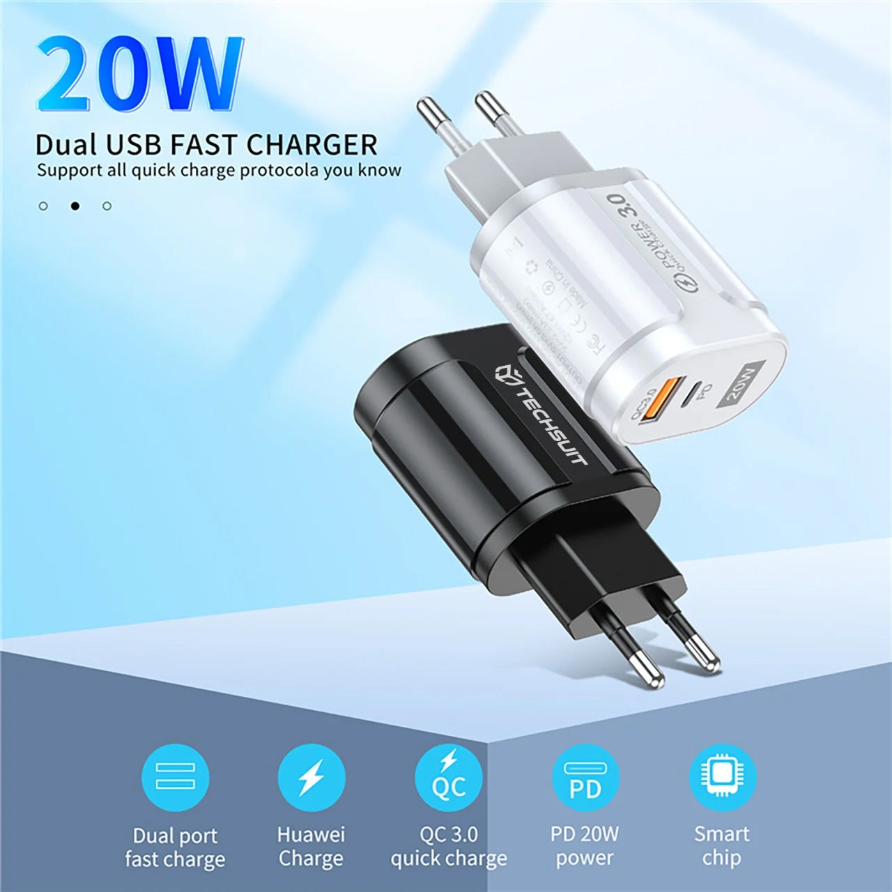 Φορτιστής Δικτύου Techsuit Premium, 20W, 3A, 1 x USB-A - 1 x USB-C, Μαύρος CHPD038
