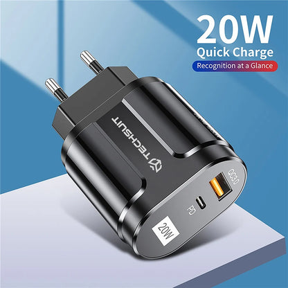 Φορτιστής Δικτύου Techsuit Premium, 20W, 3A, 1 x USB-A - 1 x USB-C, Μαύρος CHPD038