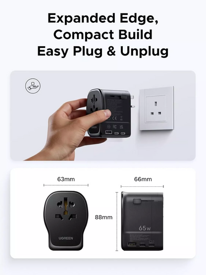 Φορτιστής Δικτύου UGREEN Travel S550 (55001), 65W, 3.25A, 1 x USB-A - 2 x USB-C, Μαύρο