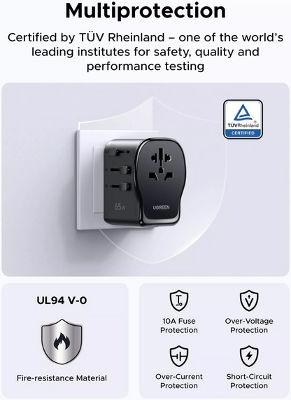 Φορτιστής Δικτύου UGREEN Travel S550 (55001), 65W, 3.25A, 1 x USB-A - 2 x USB-C, Μαύρο