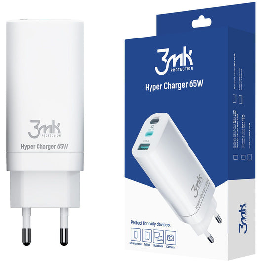 Φορτιστής Δικτύου 3MK HyperCharger, 65W, 5A, 1 x USB-A - 2 x USB-C, Λευκός