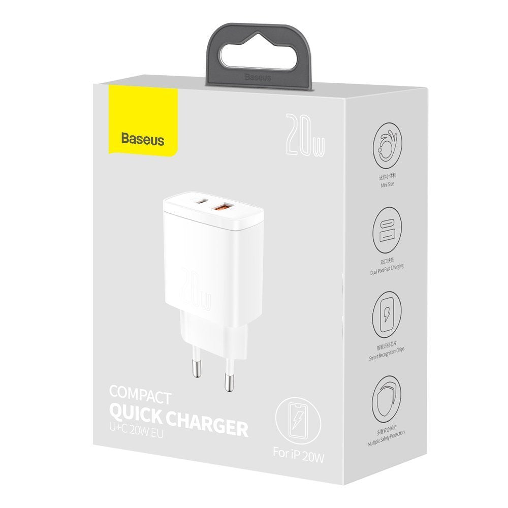 Συμπαγής φορτιστής δικτύου Baseus, 20W, 3A, 1 x USB-A - 1 x USB-C, λευκό CCXJ-B02