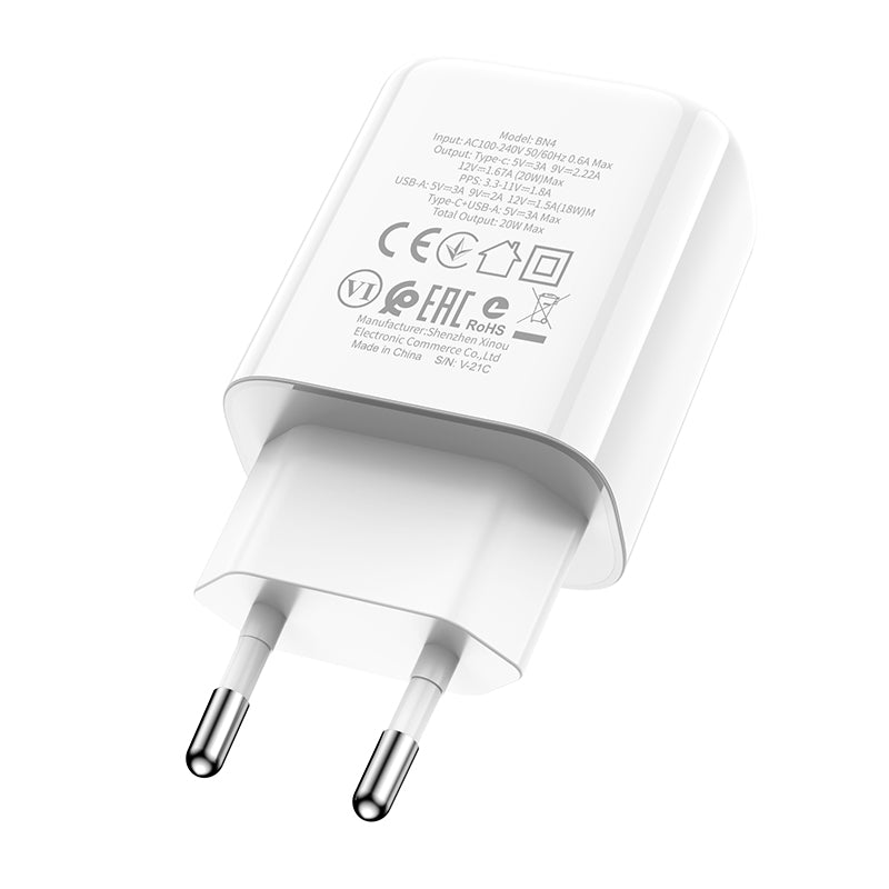 Φορτιστής Δικτύου Borofone BBN4 Potential, 20W, 3A, 1 x USB-A - 1 x USB-C, Λευκό