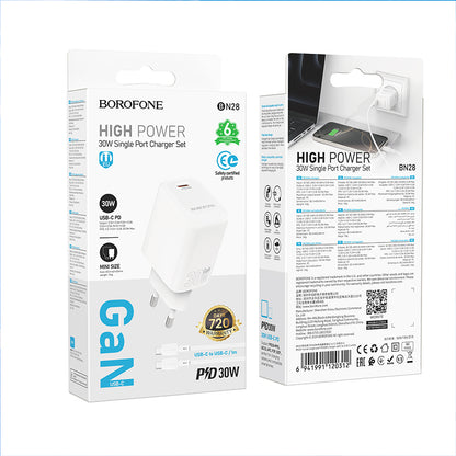 Φορτιστής Δικτύου με Καλώδιο USB-C Borofone BN28 Fuente, 30W, 3A, 1 x USB-C, Λευκό