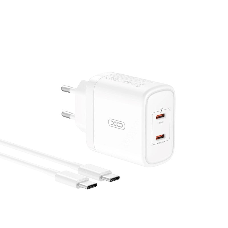 Φορτιστής δικτύου με καλώδιο USB-C XO Design CE08, 50W, 3A, 2 x USB-C, λευκό