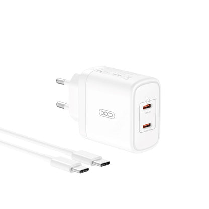 Φορτιστής δικτύου με καλώδιο USB-C XO Design CE08, 50W, 3A, 2 x USB-C, λευκό