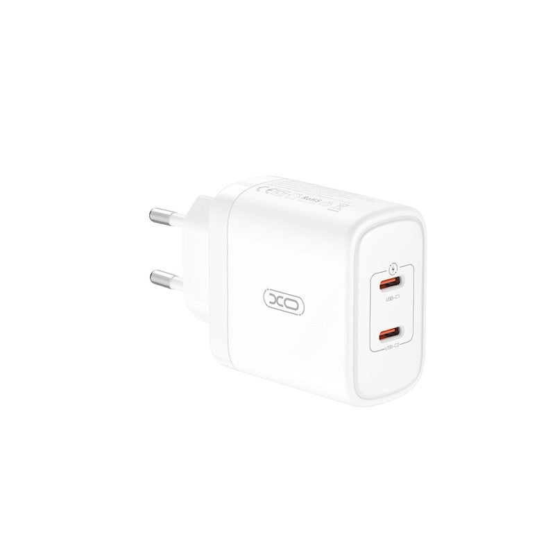 Φορτιστής δικτύου με καλώδιο USB-C XO Design CE08, 50W, 3A, 2 x USB-C, λευκό