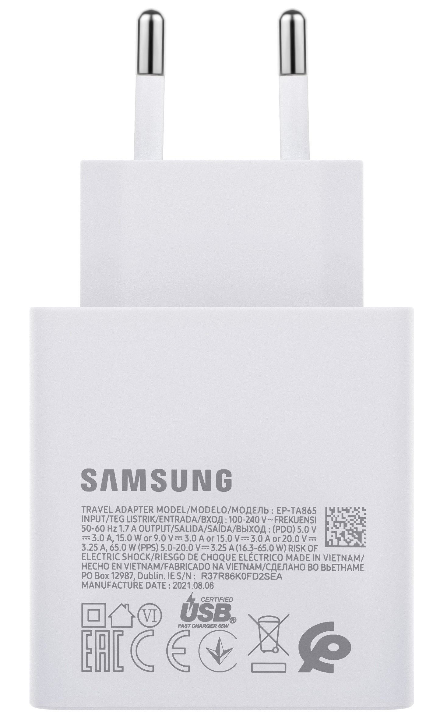 Φορτιστής δικτύου Samsung EP-TA865W, 65W, 3.25A, 1 x USB-C, λευκό GP-PTU020SODWQ GP-PTU020SODWQ GP-PTU020SODWQ