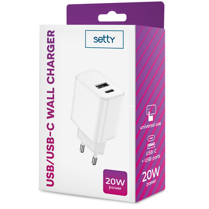 Φορτιστής δικτύου Setty, 20W, 3A, 1 x USB-A - 1 x USB-C, Λευκό