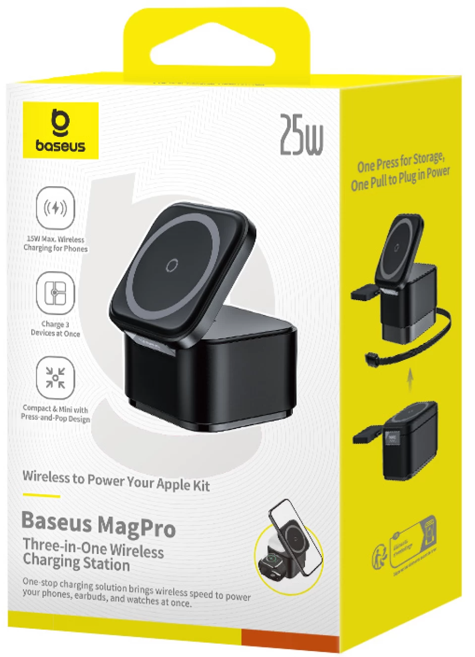 Ασύρματος φορτιστής δικτύου USB-C Baseus MagPro 3 σε 1, 25 W, 1 x USB-C, Μαύρος P10264100123-01
