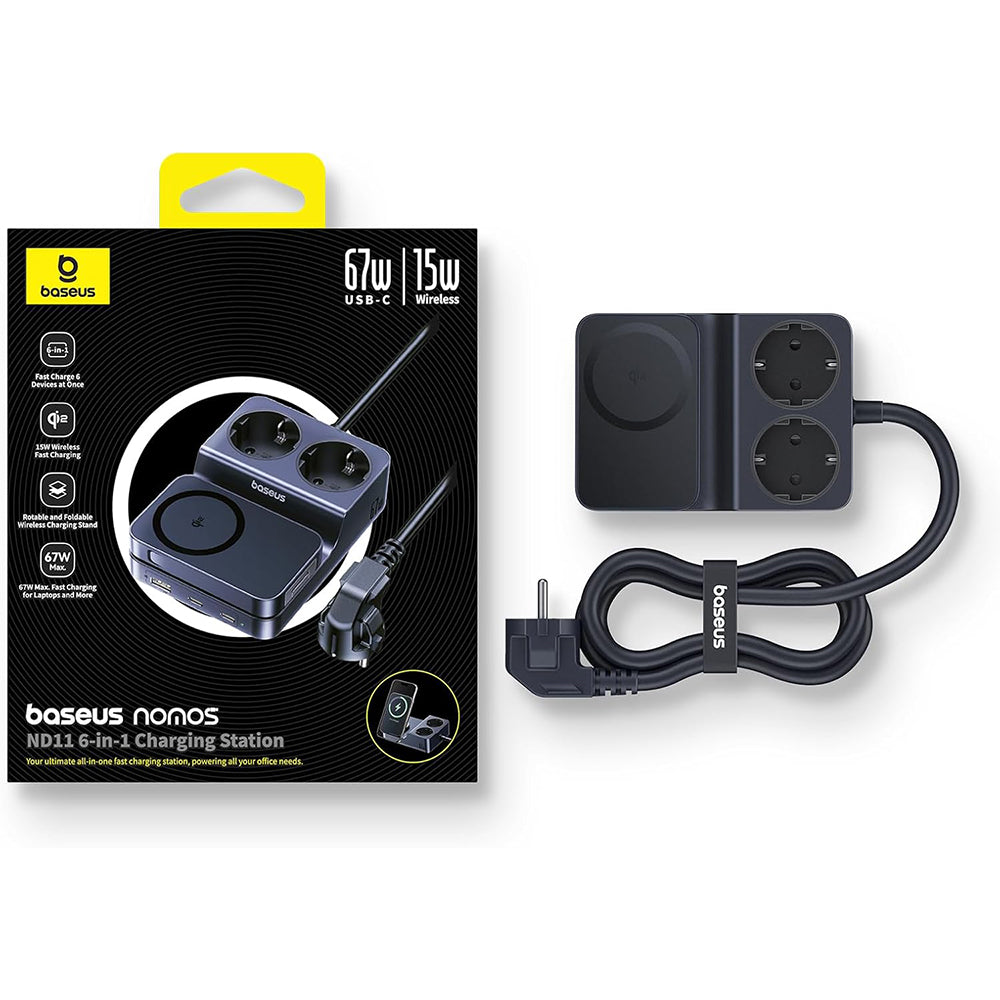 Φορτιστής Σταθμός Baseus Nomos ND11 QI 6in1, 67W, 3.35A, 1 x USB-A - 2 x USB-C - 2 x Schuko, Μαύρο P80015804213-00