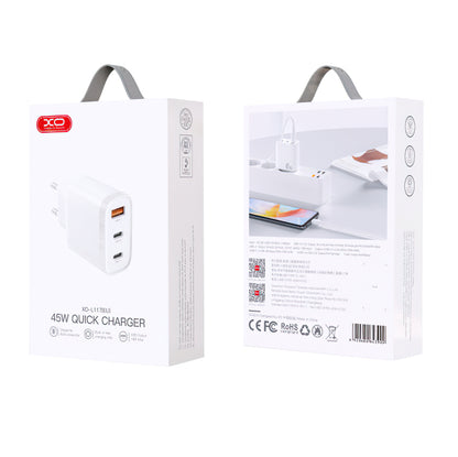 Φορτιστής δικτύου XO Design L117, 45W, 3A, 1 x USB-A - 2 x USB-C, Λευκό 