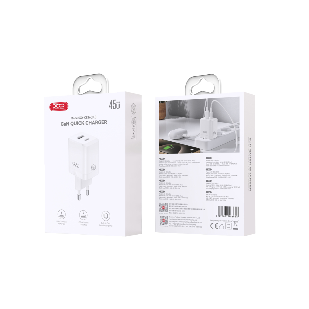 Φορτιστής Δικτύου XO Design CE36, 45W, 3A, 1 x USB-A - 1 x USB-C, Λευκό