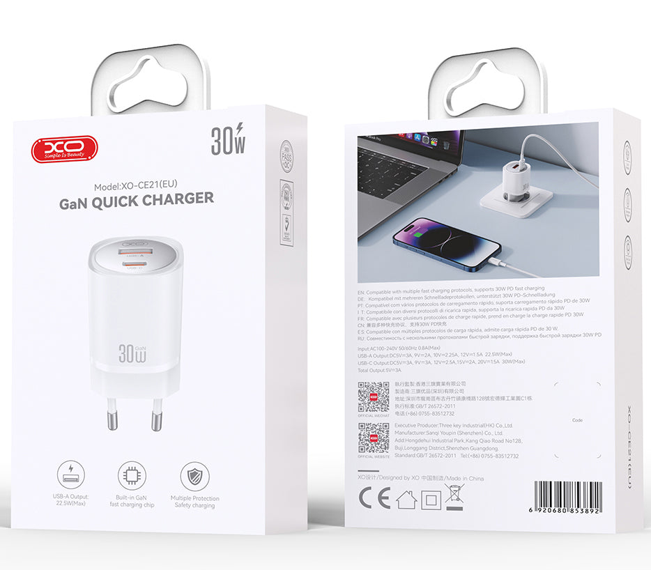 Φορτιστής Δικτύου XO Design CE21, 30W, 3A, 1 x USB-A - 1 x USB-C, Λευκό