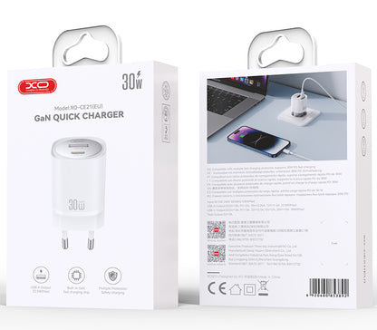 Φορτιστής Δικτύου XO Design CE21, 30W, 3A, 1 x USB-A - 1 x USB-C, Λευκό