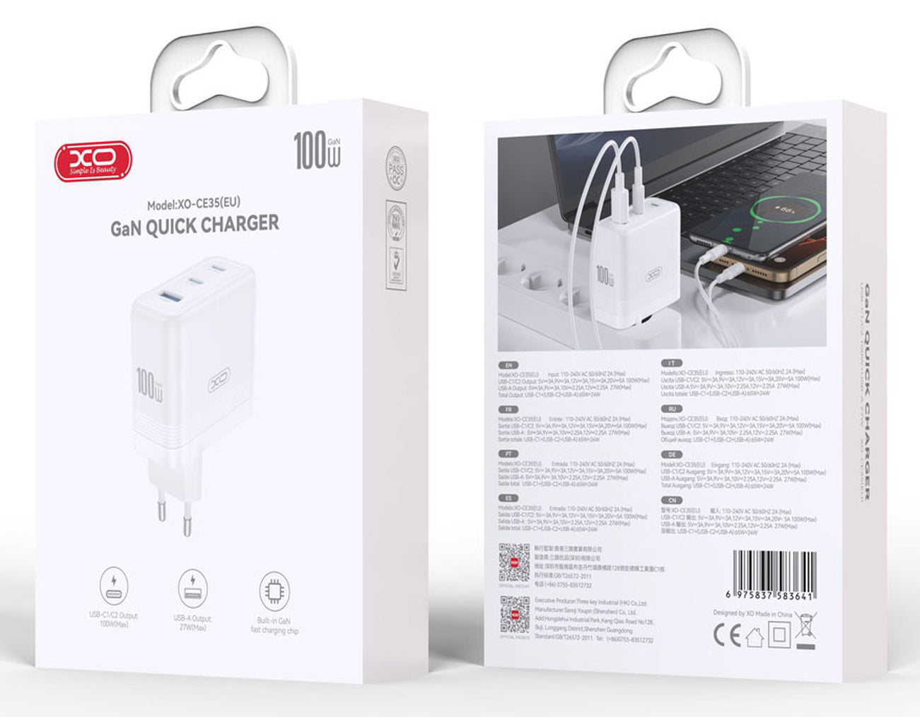 Φορτιστής Δικτύου XO Design CE35, 100W, 5A, 1 x USB-A - 2 x USB-C, Λευκό