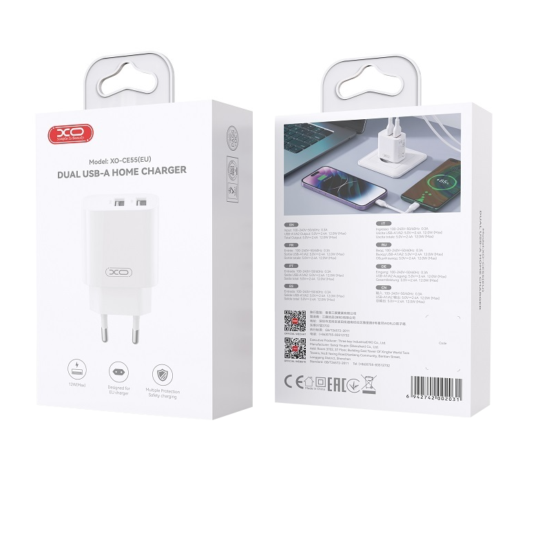 Φορτιστής δικτύου XO Design CE55, 12W, 2.4A, 2 x USB-A, Λευκός