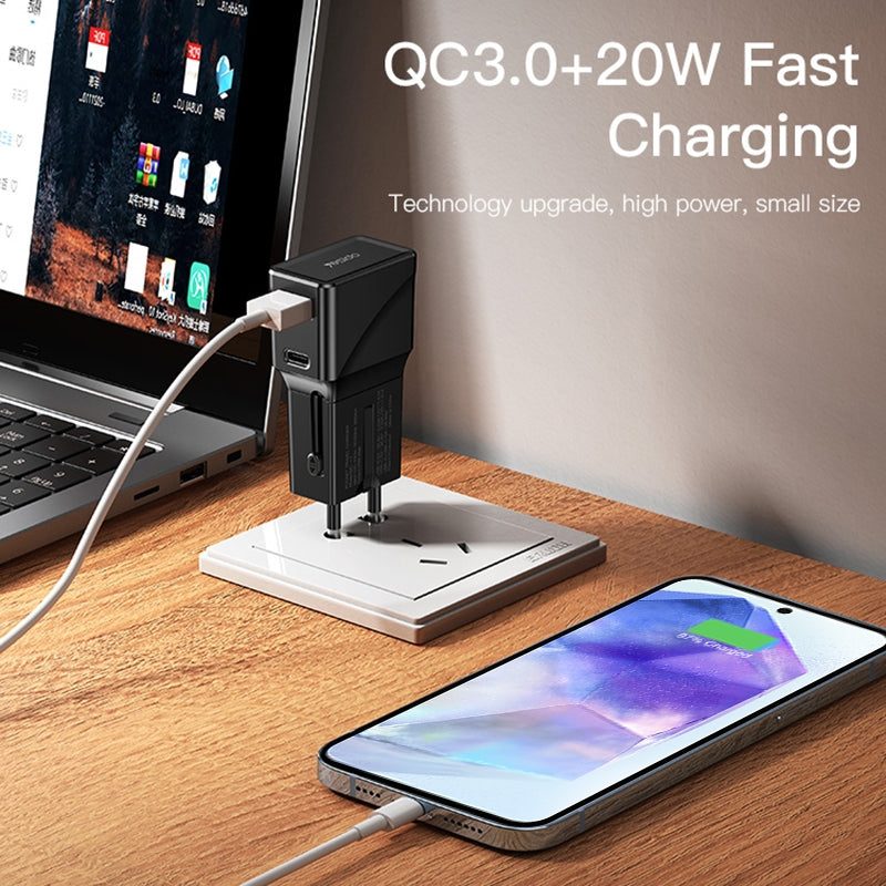 Φορτιστής δικτύου Yesido MC17 Travel, 20W, 3A, 1 x USB-A - 1 x USB-C, Μαύρο 