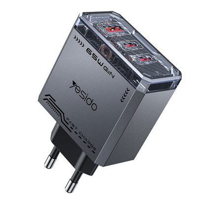 Φορτιστής Δικτύου Yesido YC101, 65W, 3.25A, 1 x USB-A - 2 x USB-C, Μαύρο