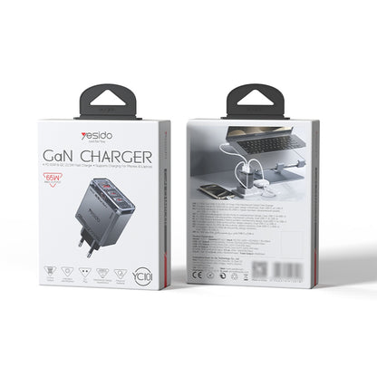 Φορτιστής Δικτύου Yesido YC101, 65W, 3.25A, 1 x USB-A - 2 x USB-C, Μαύρο