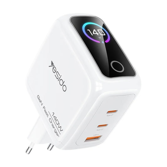 Φορτιστής Δικτύου Yesido YC114 Οθόνη, 140W, 5A, 1 x USB-A - 2 x USB-C, Λευκός