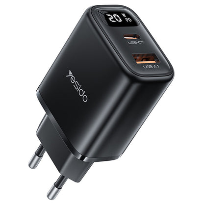 Φορτιστής Δικτύου Yesido YC68, Οθόνη 20W, 3A, 1 x USB-A - 1 x USB-C, Μαύρο