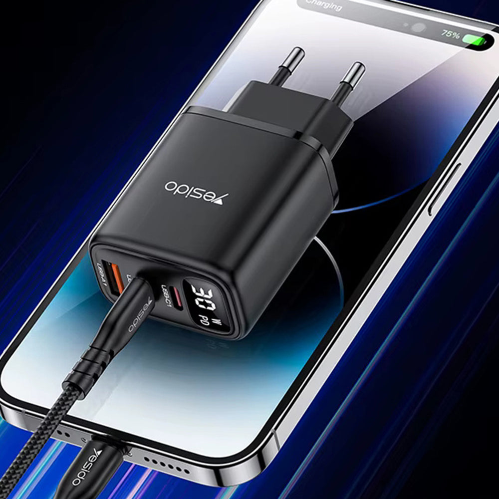 Yesido YC69 Display Network Charger, 30W, 3A, 1 x USB-A - 2 x USB-C, Black