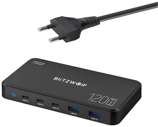 Φορτιστής Σταθμός BlitzWolf BW-i100, 120W, 5A, 2 x USB-A - 3 x USB-C, Μαύρο