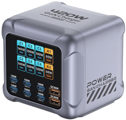 Φορτιστής Σταθμού OEM BK-126D, 140W, 5A, 2 x USB-A - 6 x USB-C, Γκρι