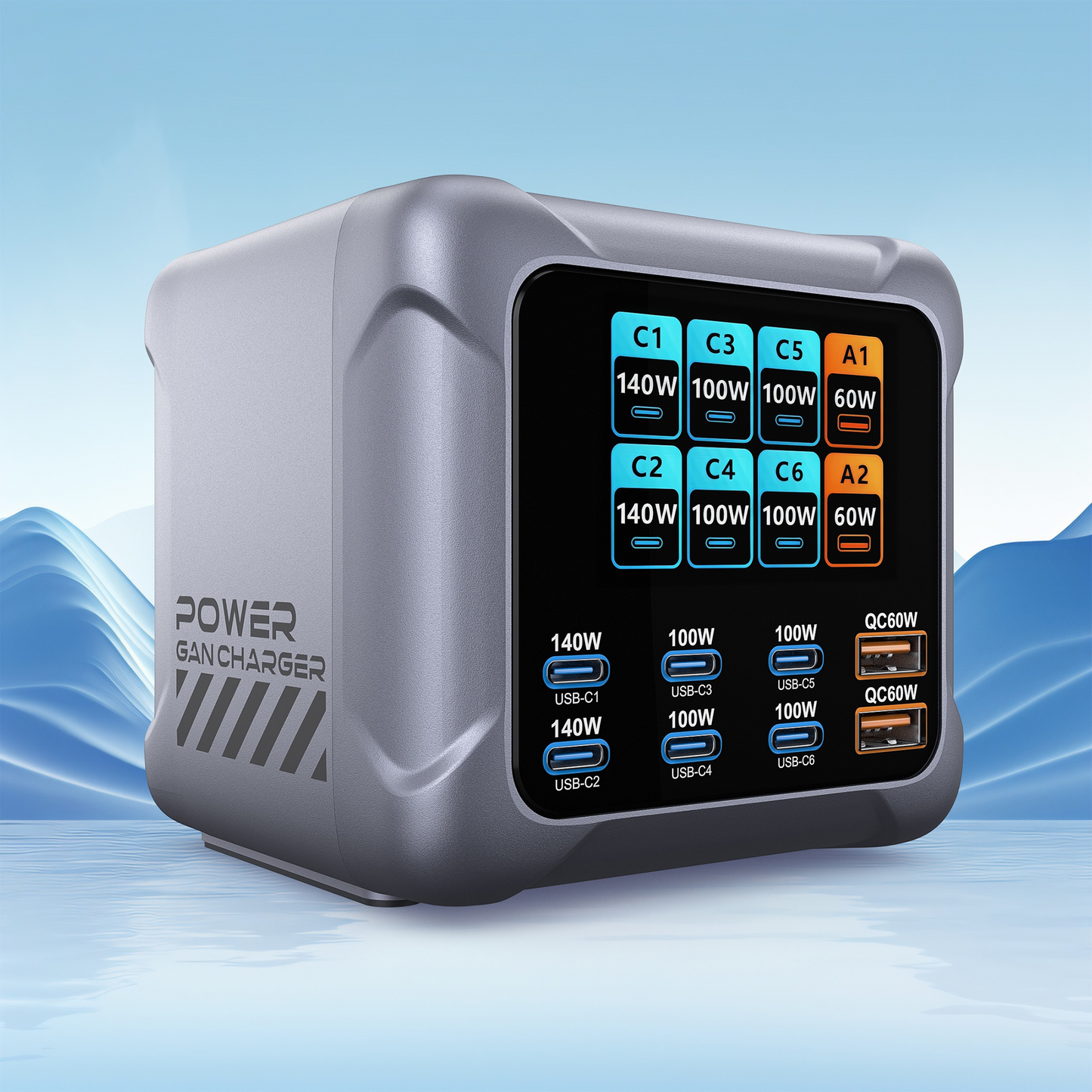 Φορτιστής Σταθμού OEM BK-126D, 140W, 5A, 2 x USB-A - 6 x USB-C, Γκρι