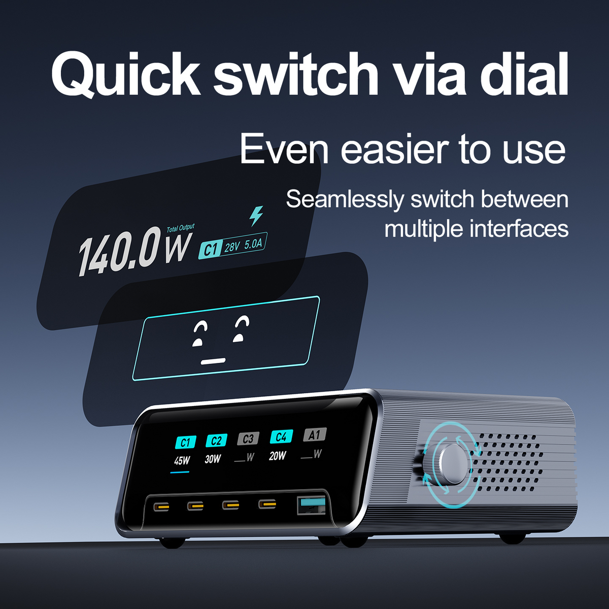 Φορτιστής Σταθμού OEM WLX-60G, 140W, 5A, 1 x USB-A - 4 x USB-C, Γκρι