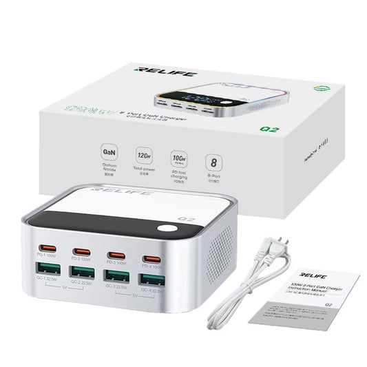 Φορτιστής Σταθμός Relife Q2, 120W, 5A, 4 x USB-A - 4 x USB-C, Ασημί