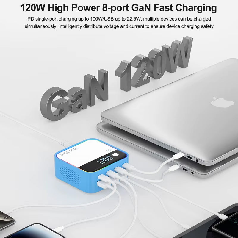 Φορτιστής Σταθμός Relife Q2, 120W, 5A, 4 x USB-A - 4 x USB-C, Μπλε