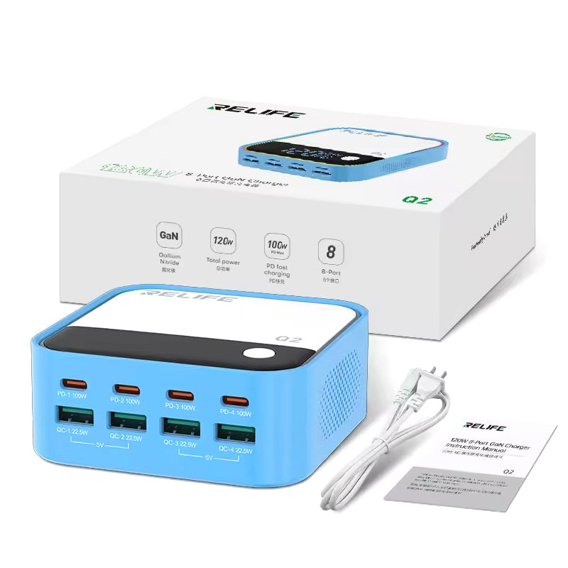 Φορτιστής Σταθμός Relife Q2, 120W, 5A, 4 x USB-A - 4 x USB-C, Μπλε